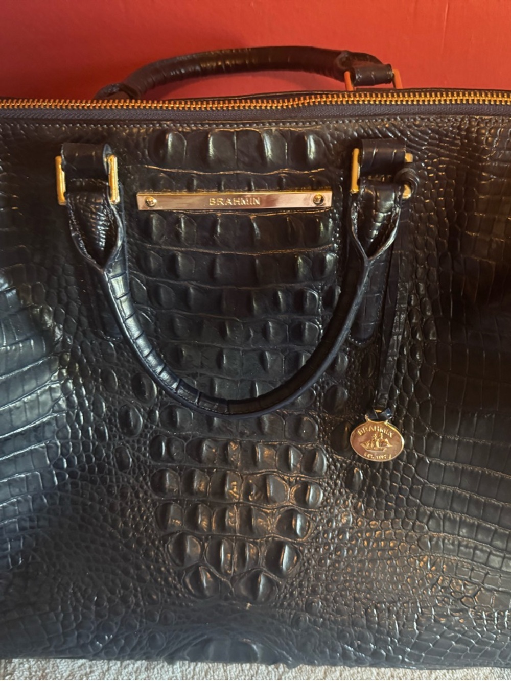 Brahmin Black Croc-Embossed Leather Tote with Gold Hardware